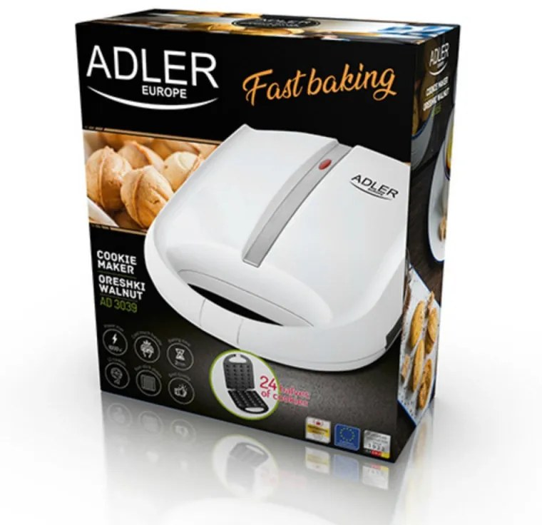 Уред за сладки орехчета Adler AD 3039, 1600W, 24 бр. сладки, Незалепващи плочи, 1600W, Бял