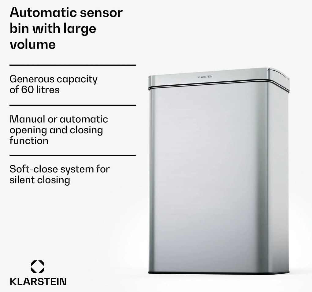 Klarstein Touchless, сензорен кош за отпадъци, 60 л, неръждаема стомана, плавно затваряне, захранване с батерии, LED дисплей, таймер