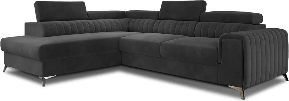 Тъмносив кадифен разтегателен ъглов диван с място за съхранение (ляв ъгъл L форма) Laurence – ELTAP