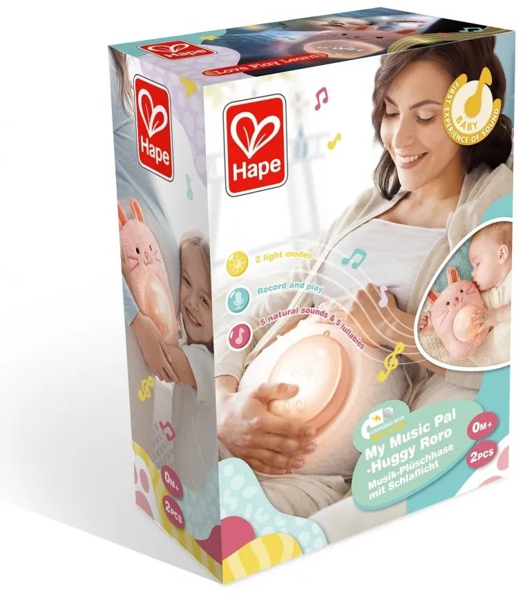 Hape - Интерактивна играчка,Музикална плюшена лампа за сън, Зайче, 23x15.5x9 см