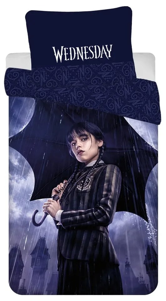 Тъмносиньо единично памучно детско спално бельо 140x200 cm Wednesday "Rain" – Jerry Fabrics