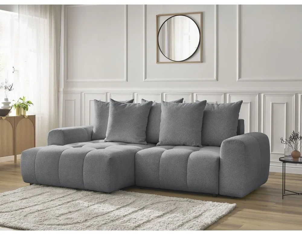 Сив шенилов разтегателен ъглов диван с място за съхранение (ляв ъгъл) Roxelane – Bobochic Paris