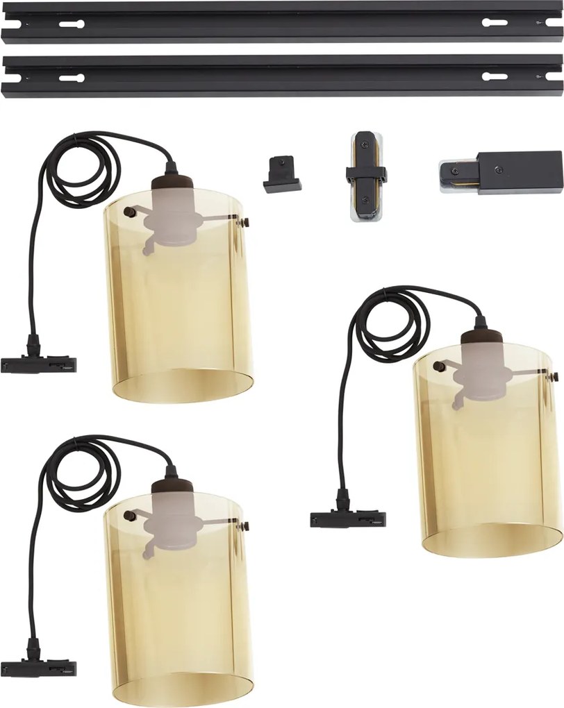 Modern railsysteem zwart met 3 hanglampen van amber glas 1-fase - Iconic Dome