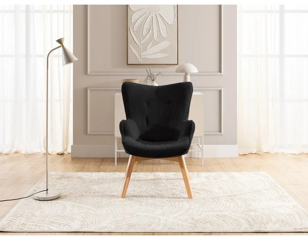 Черен фотьойл с табуретка от рипсено кадифе Niko – Ropez