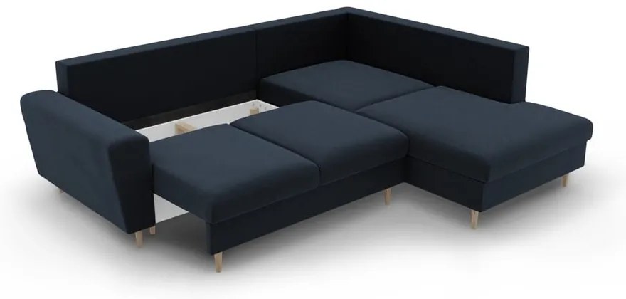 Тъмносин кадифен разтегателен ъглов диван с място за съхранение (десен ъгъл/L форма) Kyoto – Cosmopolitan Design