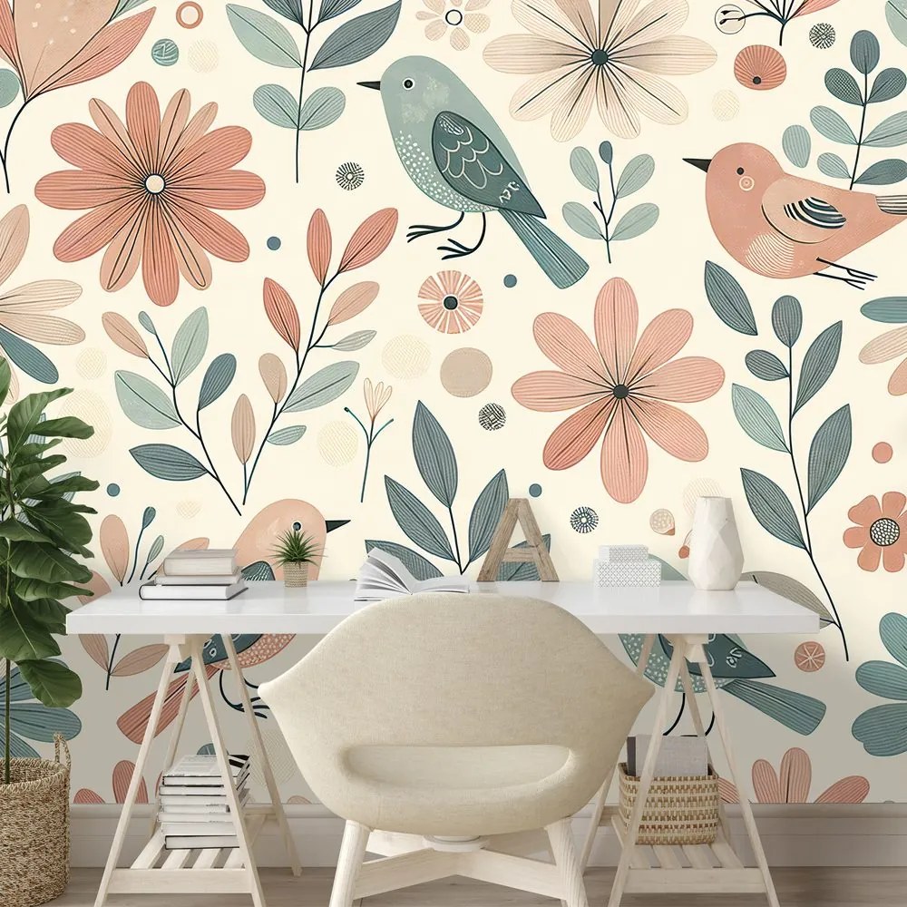 Фототапет – Пастелни птички и цветя