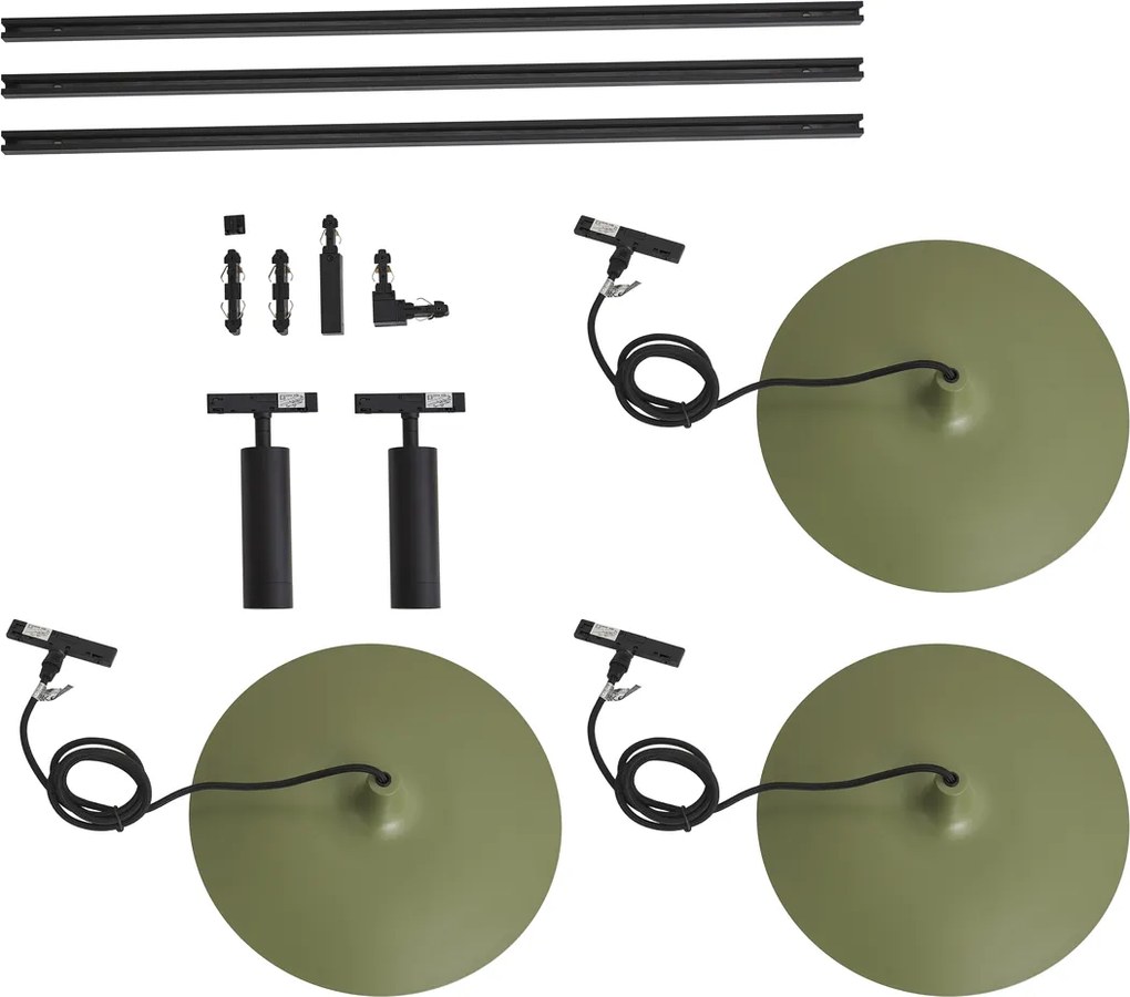Модерна релсова система черна с 2 прожектора и 3 висящи лампи зелени 1-фазен - Slimline Uzzy Panzi