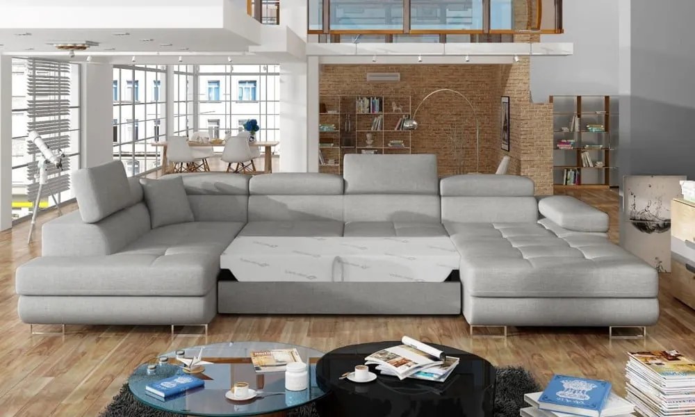 Светлосив разтегателен ъглов диван с място за съхранение (ляв ъгъл U форма) Rodrigo – ELTAP