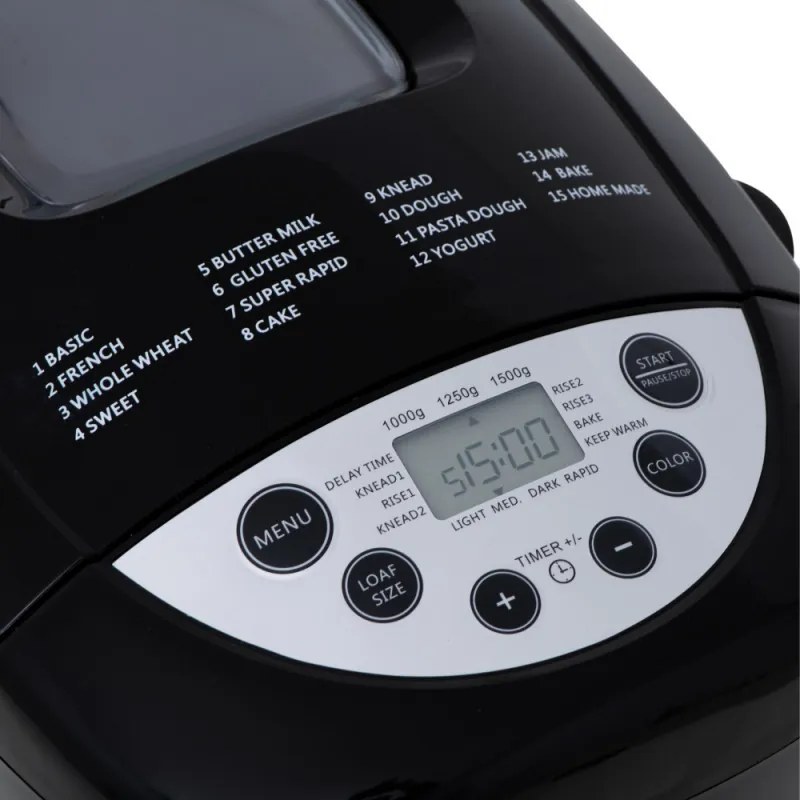 Хлебопекарна Mesko MS 6022, 1/1.5 кг, 850 W, 15 програми, LCD Дисплей, Двойна бъркалка, Подвижна кошница, Черен