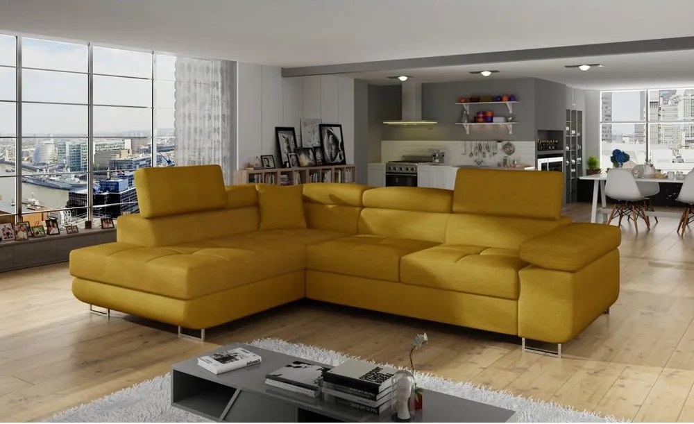 Жълт разтегателен ъглов диван с място за съхранение (ляв ъгъл L форма) Anton – ELTAP