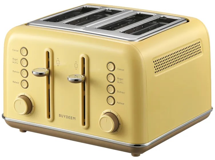 Тостер за хляб BUYDEEM DT640E, 1800W, 4 слота, 7 автоматични програми, 7 степени на препичане, LED индикатори, Тави за трохички, Високо изскачане, Жълт