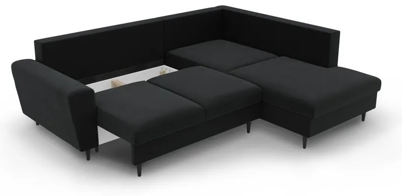 Черен кадифен разтегателен ъглов диван с място за съхранение (десен ъгъл/L форма) Kyoto – Cosmopolitan Design