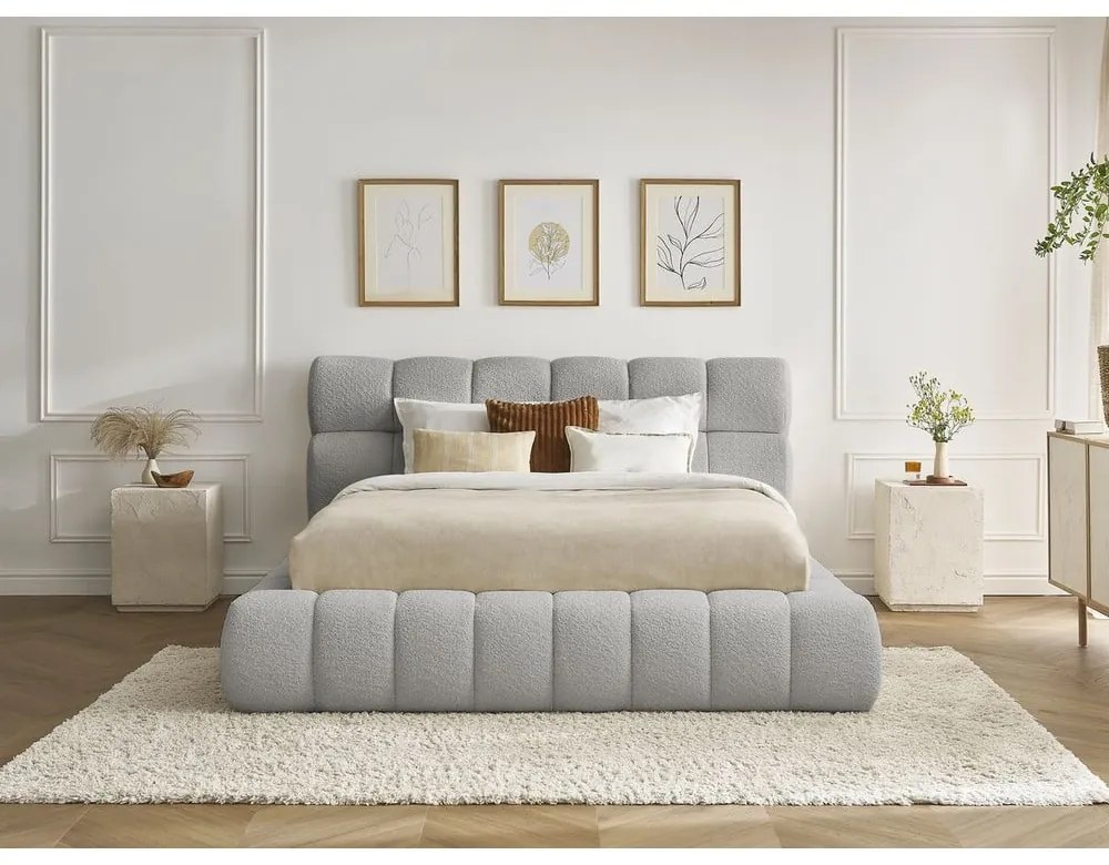 Светлосиво двойно легло 180x200 cm тапицирано с място за съхранение с включена подматрачна рамка Mont Blanc – Bobochic Paris