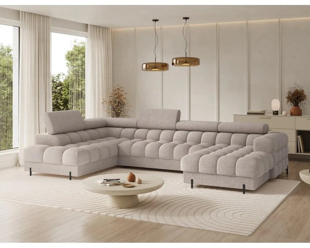 Бежов разтегателен ъглов диван от букле (ляв ъгъл U форма) Feraria – ELTAP