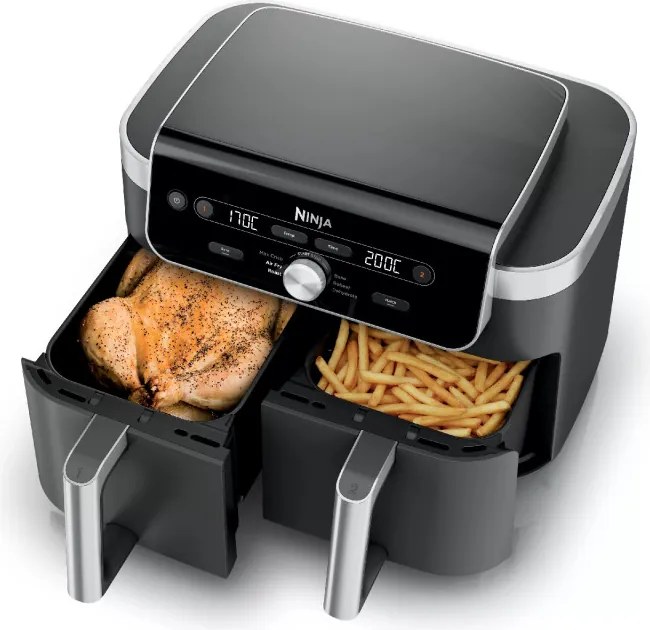 Двоен фритюрник с горещ въздух Ninja Foodi Dual Zone DZ901EU, 2470W, Независими зони за готвене, 9.5 л, 6 програми, 40-240C, Max Crisp, Sync, Сив/Инокс