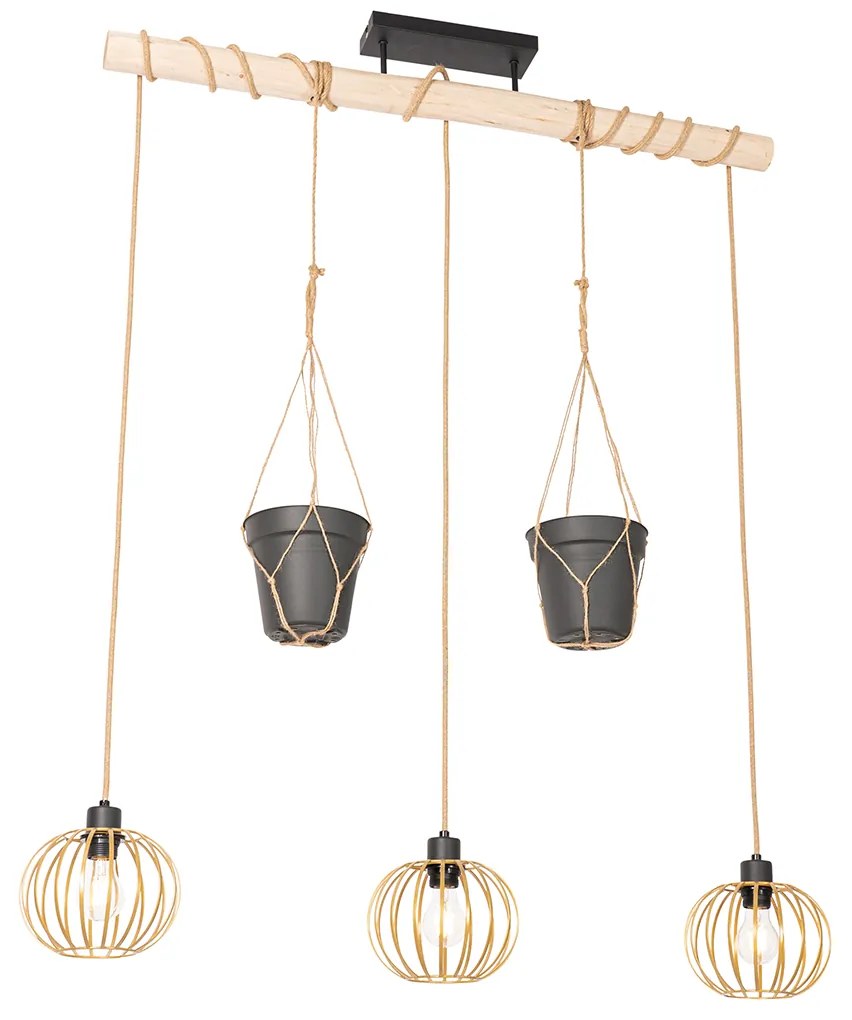 Ръстична висяща лампа златиста с дърво 3-светлина - Yura