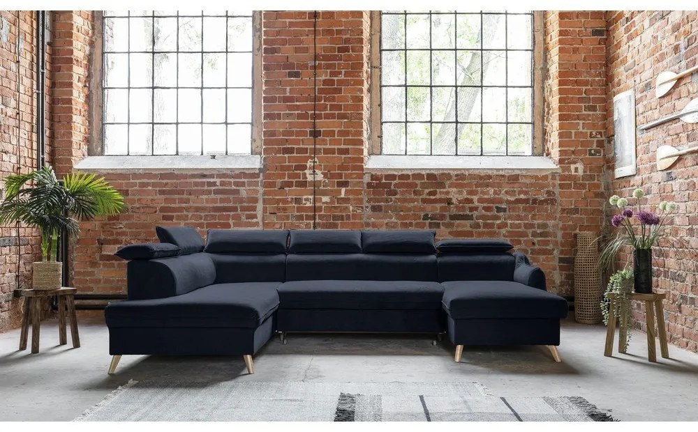 Тъмносин кадифен U-образен ъглов диван (ляв ъгъл) Sweet Harmony - Miuform