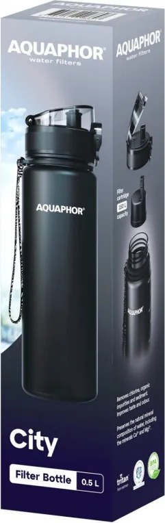Филтрираща бутилка за вода Aquaphor City 160043, 500 мл, Тритан, Активен въглен, Aqualen, Заключващ се капак, Черен