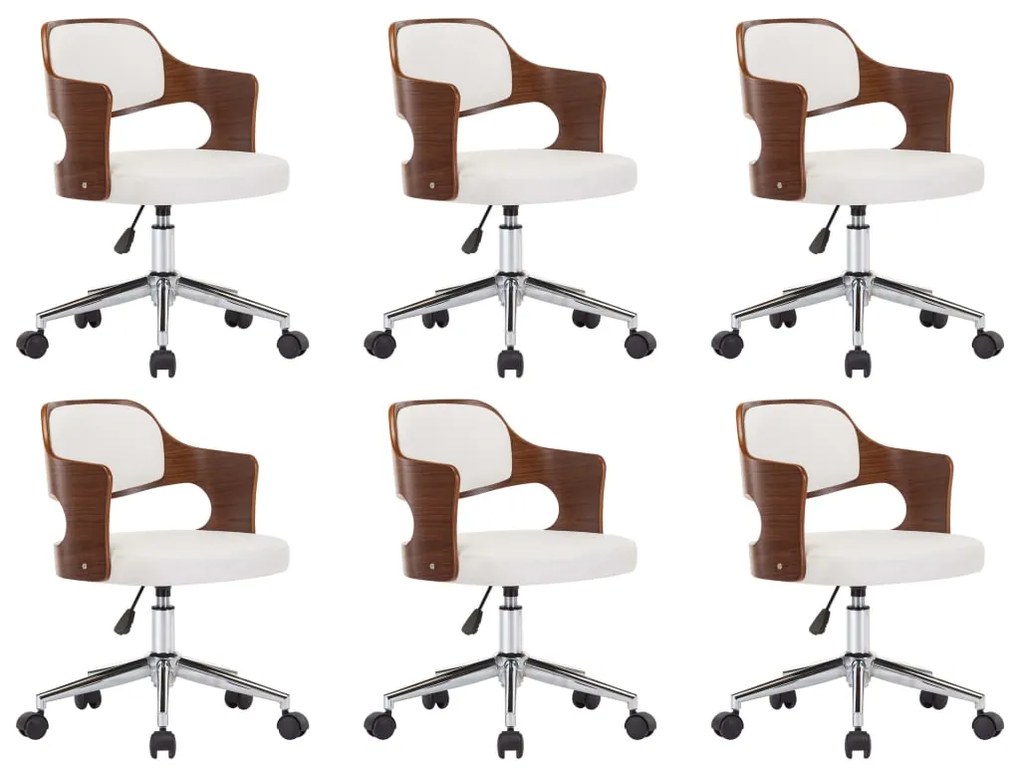 3054931 vidaXL Въртящи трапезни столове 6 бр бели извито дърво/изкуствена кожа