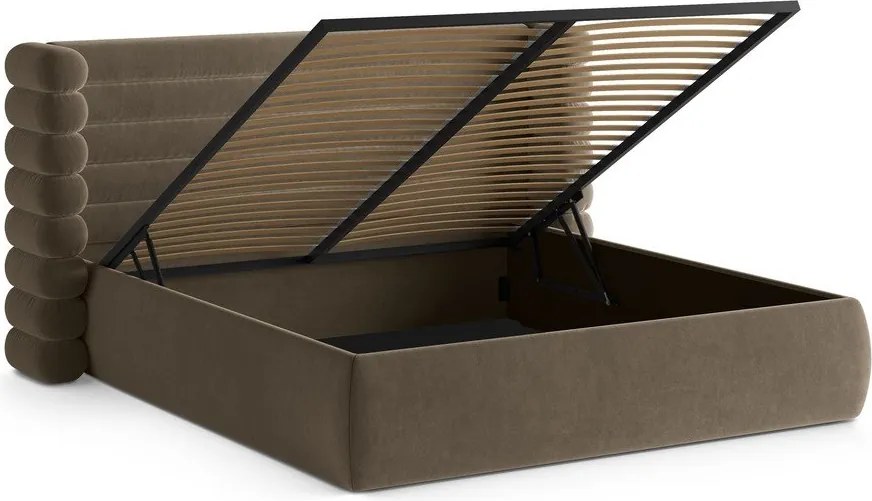 Кафяво-сиво тапицирано двойно легло с място за съхранение и включена подматрачна рамка 160x200 cm Mount – Micadoni