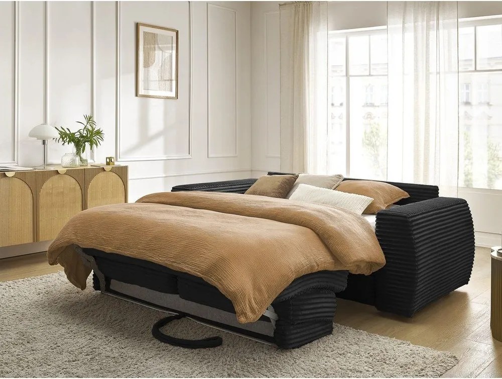 Черен диван за ежедневно спане/сгъваем от рипсено кадифе 220 cm Hugo – Bobochic Paris