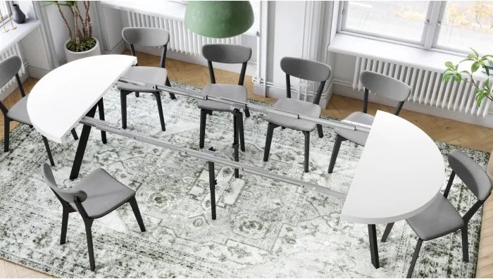 ЕКСПАНСО Бял мат/черни крака - ГОЛЯМА КРЪГЛА МАСА Ø110 РАЗТЕГАТЕЛНА ДО 310 cm С КРАКА Y ЛОФТ/ИНДУСТРИАЛНА