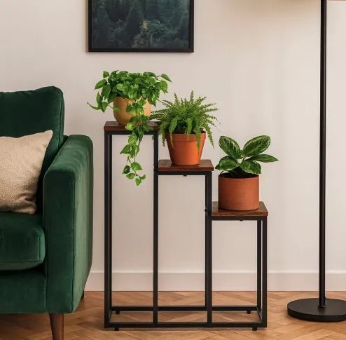 Стойка за цветя на тавана - 3-етажна метална стойка с дървени рафтове