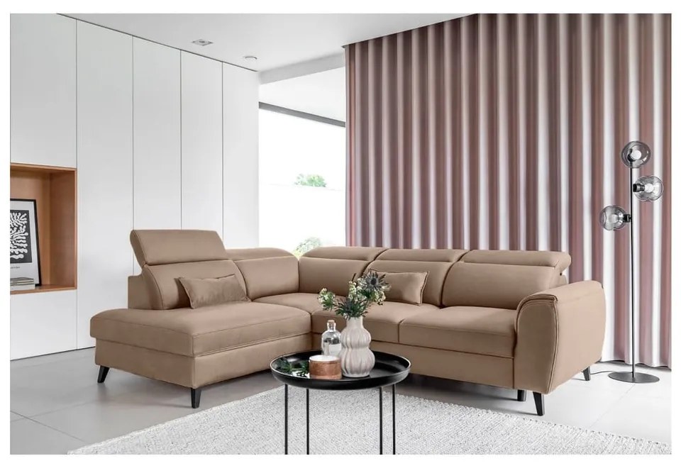 Светлокафяв кадифен разтегателен ъглов диван с място за съхранение (ляв ъгъл L форма) Noble – ELTAP