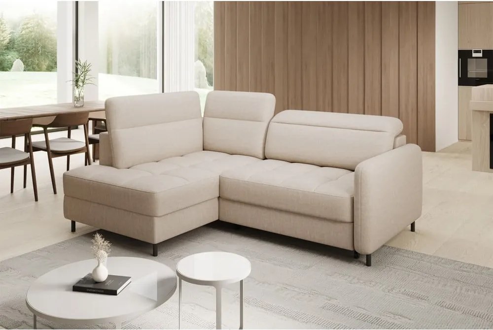 Бежов кадифен разтегателен ъглов диван с място за съхранение (ляв ъгъл L форма) Barea – ELTAP
