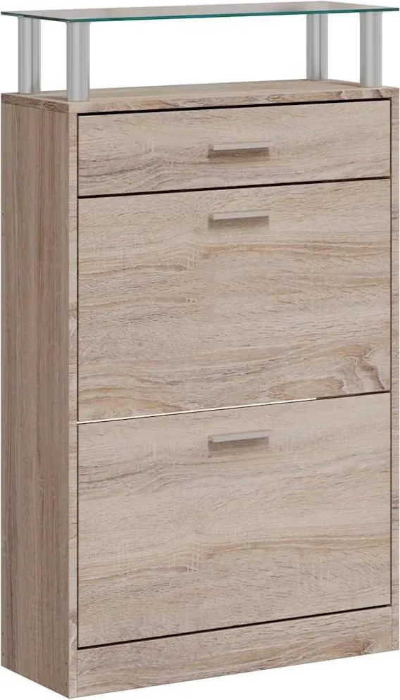 241245 vidaXL Шкаф за обувки с чекмедже, горен стъклен плот, дърво, дъб