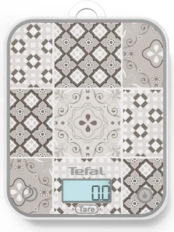 Кухненска везна Tefal Optiss BC50D6V0, До 5 кг, ТАРА, LCD, Стъкло, Големи цифри, Сив/декоративен десен