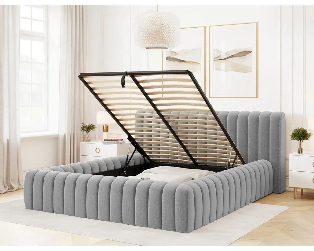 Светлосиво двойно легло 160x200 cm тапицирано с място за съхранение с включена подматрачна рамка Carilla – ELTAP