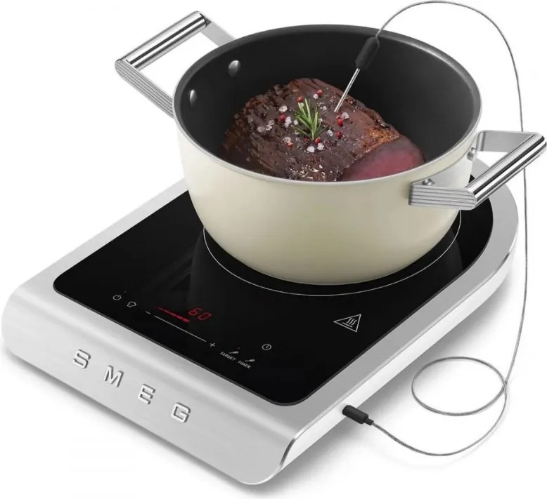 Преносим индукционен котлон Smeg PIC01WHMEU, 2100 W, Керамично стъкло, Таймер, LED дисплей, Бял мат