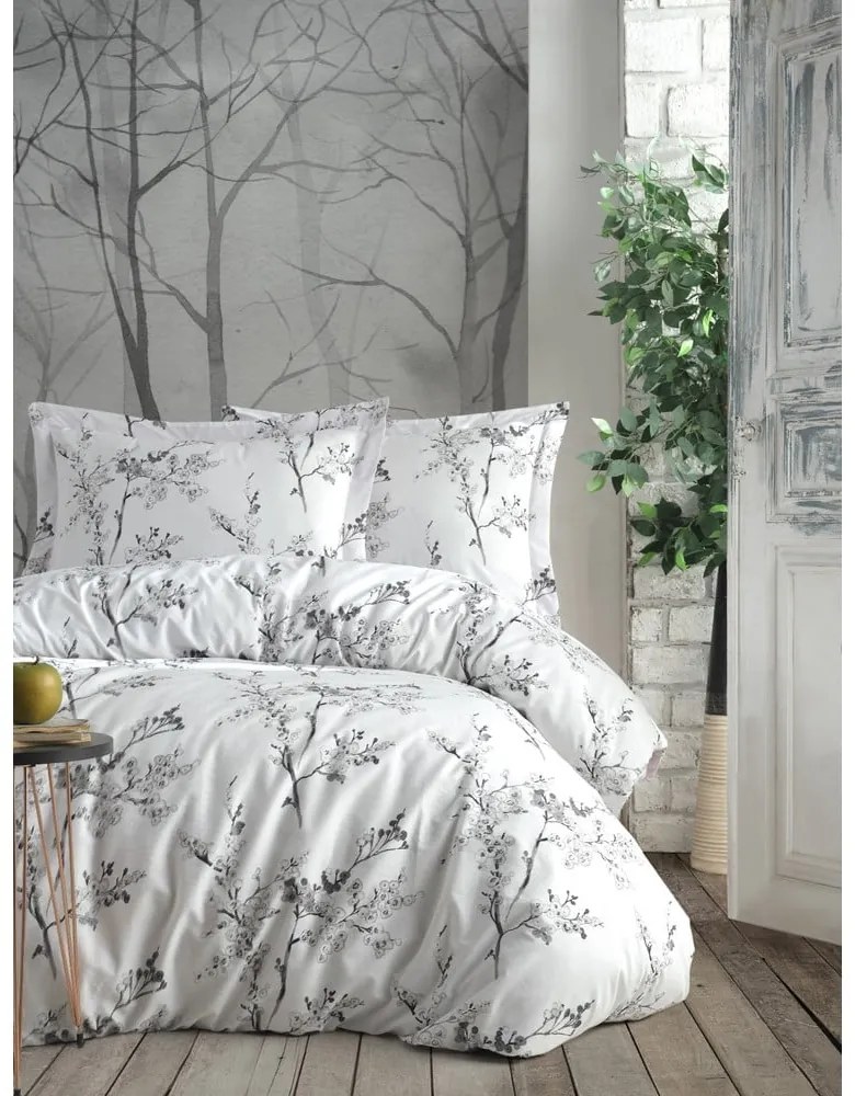 Бяло/сиво единично спално бельо от памук Renforcé 140x200 cm White Floral – Mila Home Luxury