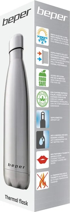 Разопакован: Термо бутилка Beper BI.505, 500 мл, Двойни стени, Без BPA, Неръждаема стомана, Инокс