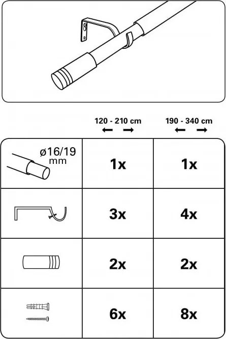 Метален разтегателен корниз 120 - 210 cm Válec - Gardinia