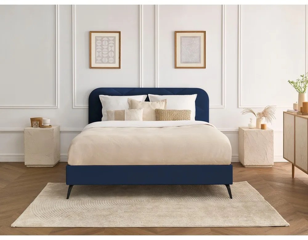 Тъмносиньо тапицирано двойно легло с включена подматрачна рамка 160x200 cm Prune – Bobochic Paris