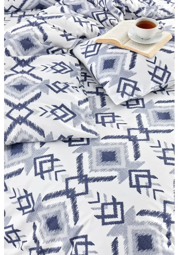 Бяло-синьо двойно удължено спално бельо с включен долен чаршаф 4 части 200x220 cm Geometric – Mila Home