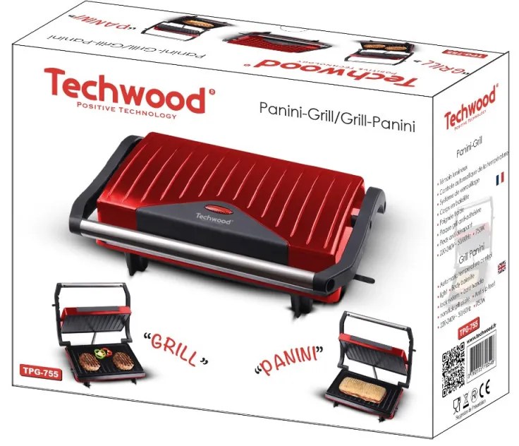 Сандвич тостер - преса Techwood TPG-755, 750W, Студена дръжка, Термостат, Червен