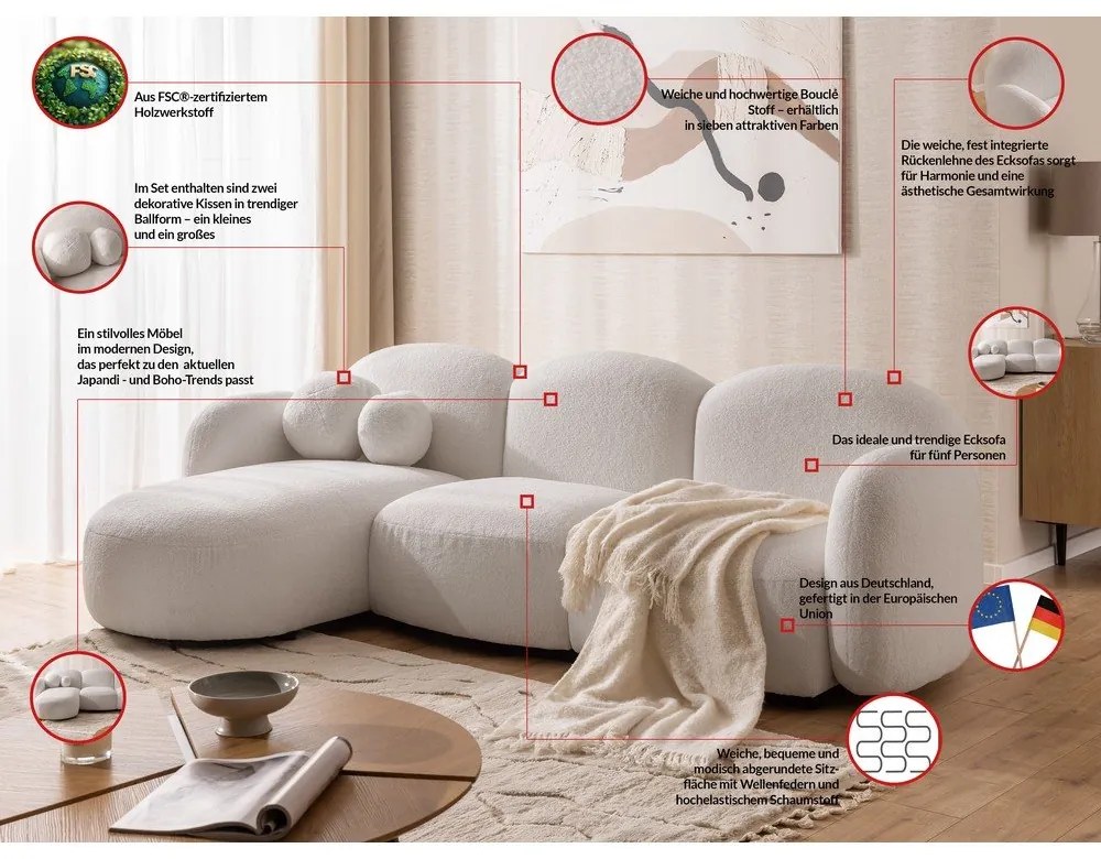 Кремав ъглов диван от прежда с примки от букле (ляв ъгъл) Orbit – Ropez