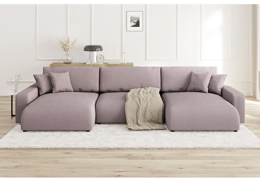 Светлорозов ъглов диван с място за съхранение от рипсено кадифе Sara – Ropez