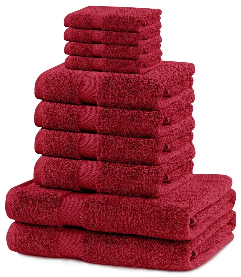 Червени памучни хавлии и кърпи за баня в комплект 10 бр. от тери Marina – Restilo
