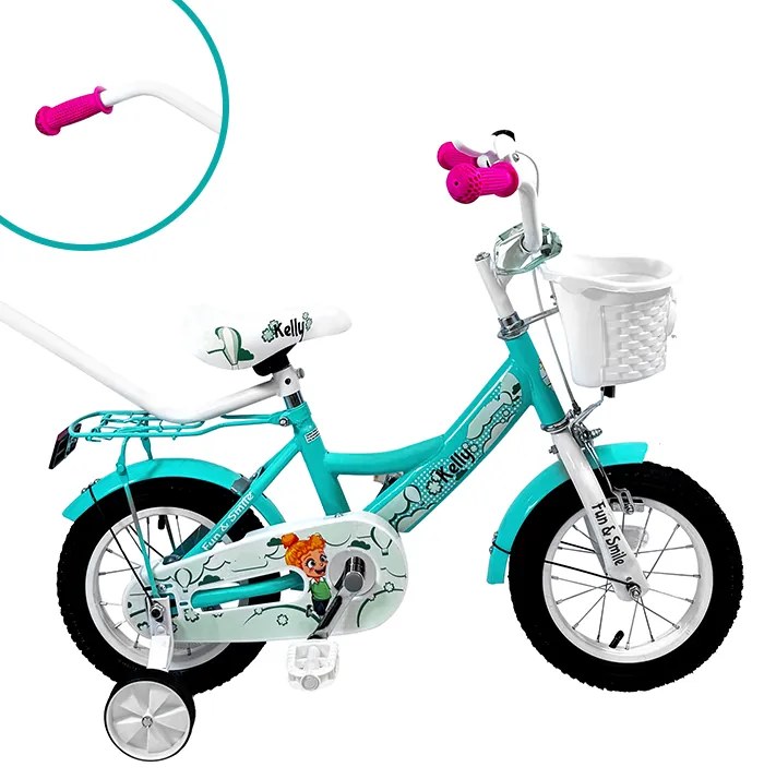 Детски велосипед с водеща щанга, кошница и помощни колела 16 – за деца на възраст от 4 до 6 години