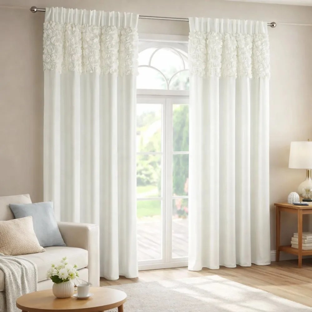 Кремава кадифена завеса с 3D рози - панделка Ширина: 140 см | Дължина: 270 см