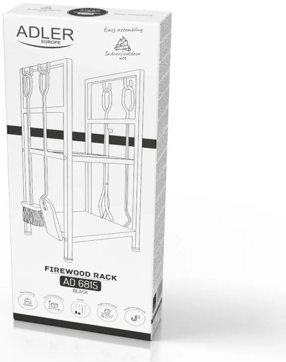 Стойка за дърва за огрев с инструменти Adler AD 6815, До 80 кг, Два рафта, Стоманена конструкция, Черен