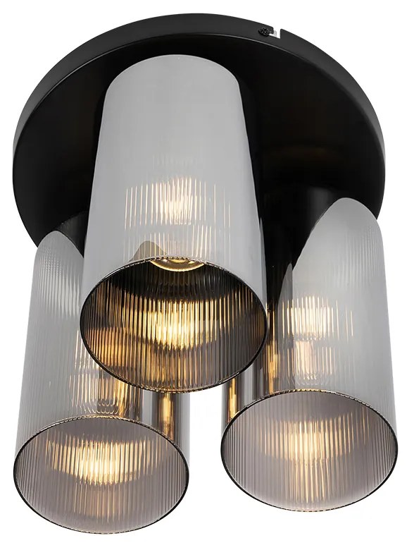 Таванна лампа в стил арт деко черна с опушено стъкло 3-светлина - Laura