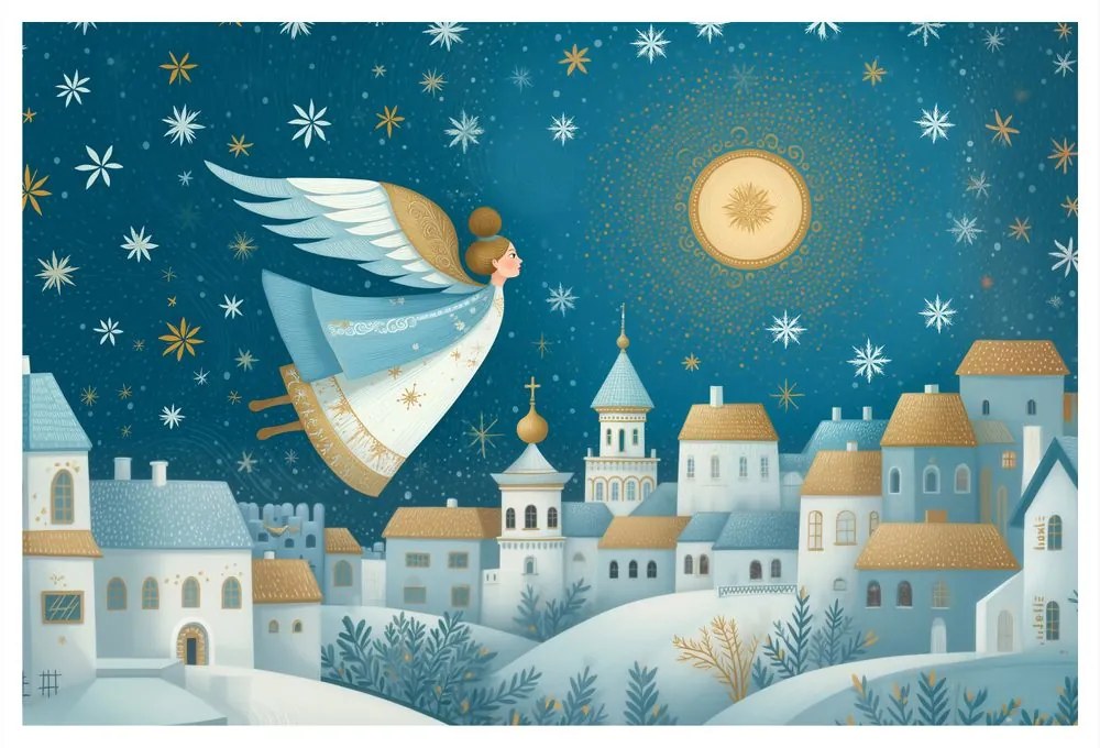 Картина на платно Коледна – Ангел над зимното село