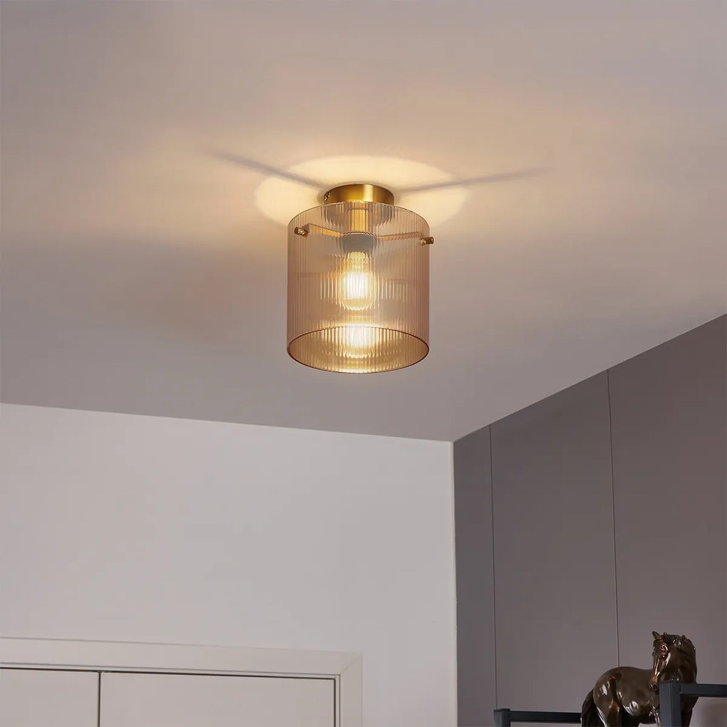 Таванна лампа в стил Арт Деко, месинг с кехлибарено стъкло - Лаура