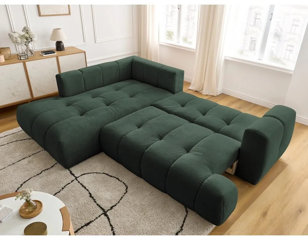 Зелен сгъваем/с място за съхранение ъглов диван (ляв ъгъл/L форма) Fuji – Bobochic Paris