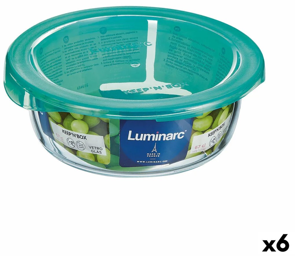 Кръгла Кутия за Обяд с Капак Luminarc Keep'n Lagon 13,5 x 6 cm цвят тюркоаз 680 ml Cтъкло (6 броя)